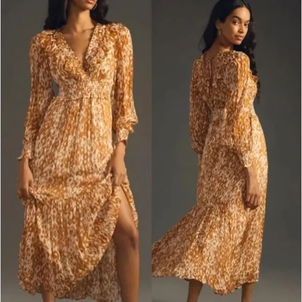 Anthropologie Odetta Ruffled V Neck Maxi Dress size XS